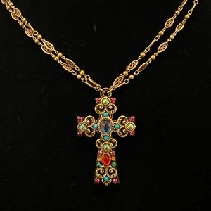 Michal Golan handcrafted cross necklace, 24k gold over brass, Swarovski crystals